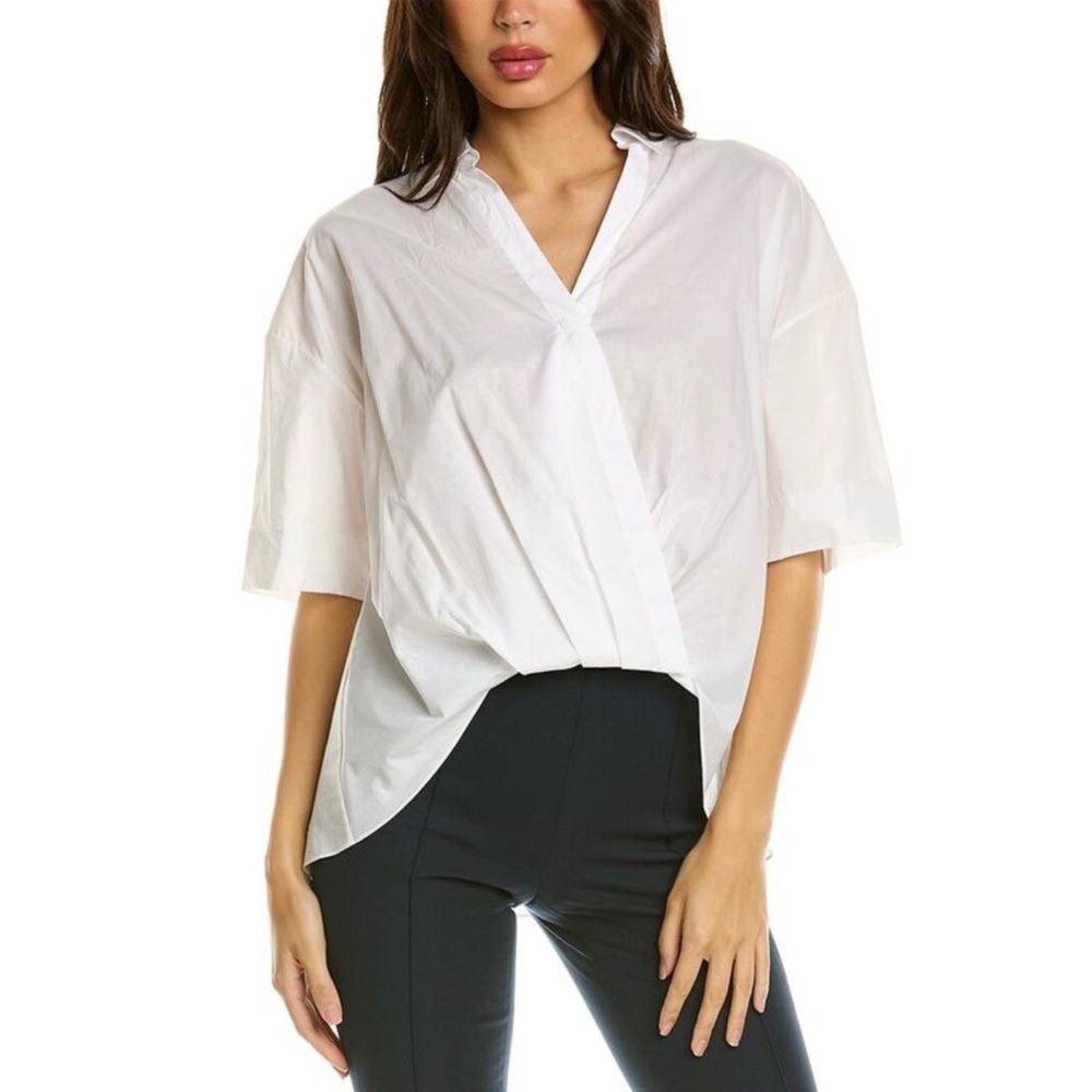 New‎ Theory White Linen Blend Collared High-Low Twist Front Top Size XS
